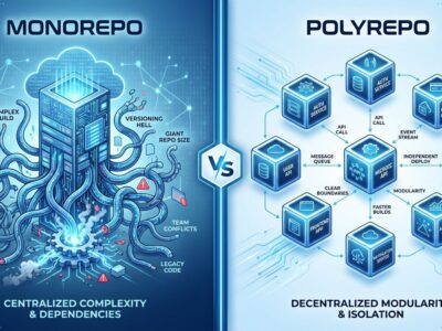Split-screen comparison showing monorepo complexity versus multiple repository simplicity with clear boundaries