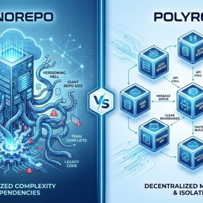 Split-screen comparison showing monorepo complexity versus multiple repository simplicity with clear boundaries
