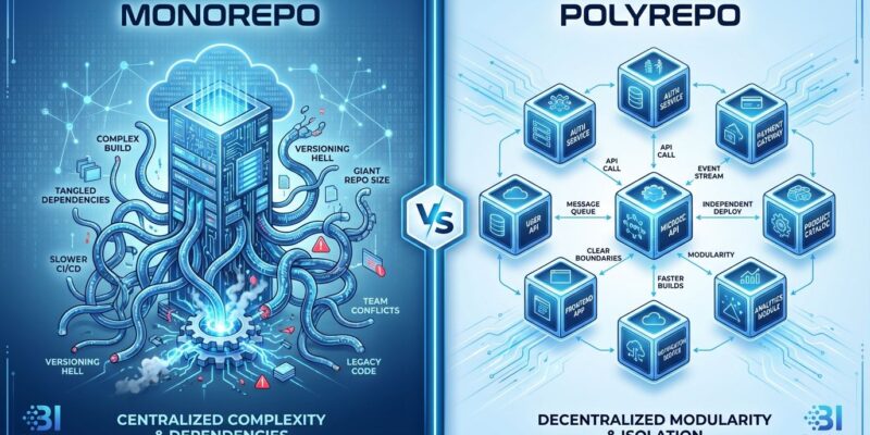 Split-screen comparison showing monorepo complexity versus multiple repository simplicity with clear boundaries