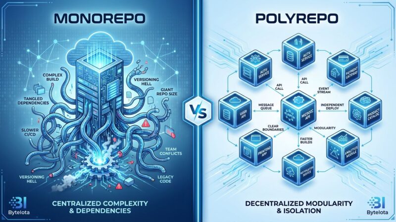 Split-screen comparison showing monorepo complexity versus multiple repository simplicity with clear boundaries