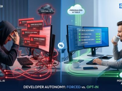 Split-screen comparison showing forced AI features versus opt-in AI design for developer tools