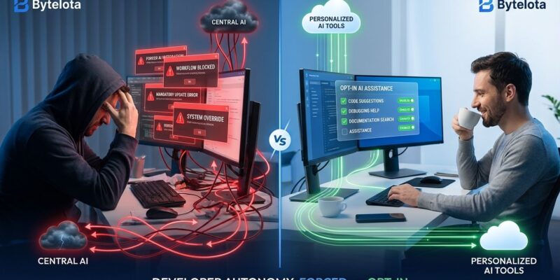 Split-screen comparison showing forced AI features versus opt-in AI design for developer tools