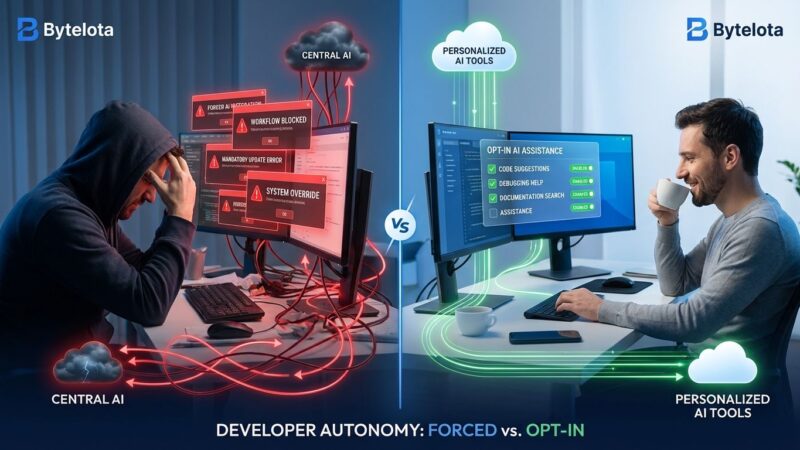 Split-screen comparison showing forced AI features versus opt-in AI design for developer tools