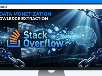 Stack Overflow logo transforming into AI monetization concept with data streams and broken community trust symbols