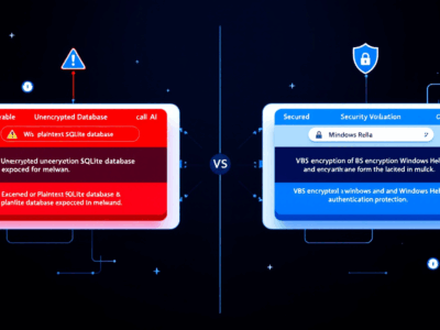 Split-screen comparison of Microsoft Recall AI security before and after redesign, showing unencrypted database vulnerabilities versus VBS encryption and Windows Hello authentication