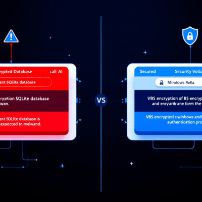 Split-screen comparison of Microsoft Recall AI security before and after redesign, showing unencrypted database vulnerabilities versus VBS encryption and Windows Hello authentication