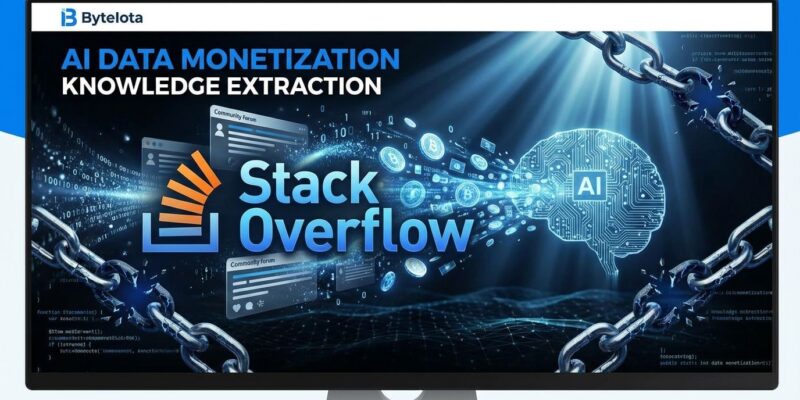 Stack Overflow logo transforming into AI monetization concept with data streams and broken community trust symbols