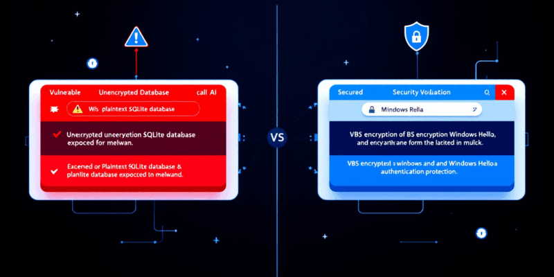 Split-screen comparison of Microsoft Recall AI security before and after redesign, showing unencrypted database vulnerabilities versus VBS encryption and Windows Hello authentication