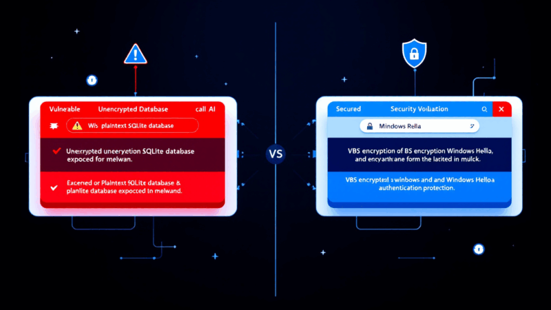 Split-screen comparison of Microsoft Recall AI security before and after redesign, showing unencrypted database vulnerabilities versus VBS encryption and Windows Hello authentication
