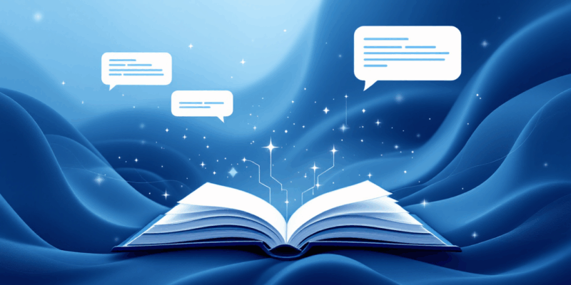 Abstract visualization of reading books with AI assistance showing book and chat bubbles in blue and white