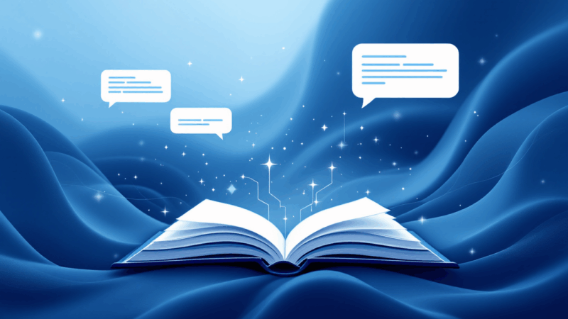 Abstract visualization of reading books with AI assistance showing book and chat bubbles in blue and white