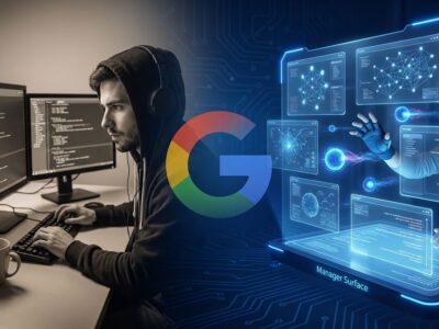 Google Antigravity agentic development platform interface showing Manager Surface with multiple autonomous coding agents represented as glowing blue orbs orchestrating code