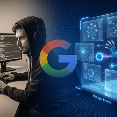 Google Antigravity agentic development platform interface showing Manager Surface with multiple autonomous coding agents represented as glowing blue orbs orchestrating code