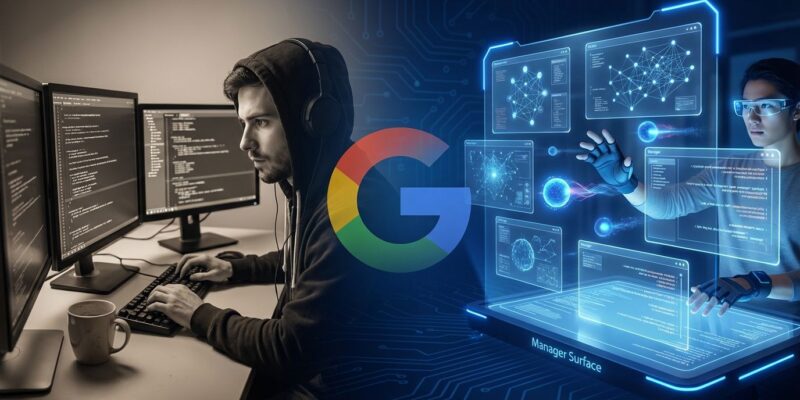 Google Antigravity agentic development platform interface showing Manager Surface with multiple autonomous coding agents represented as glowing blue orbs orchestrating code