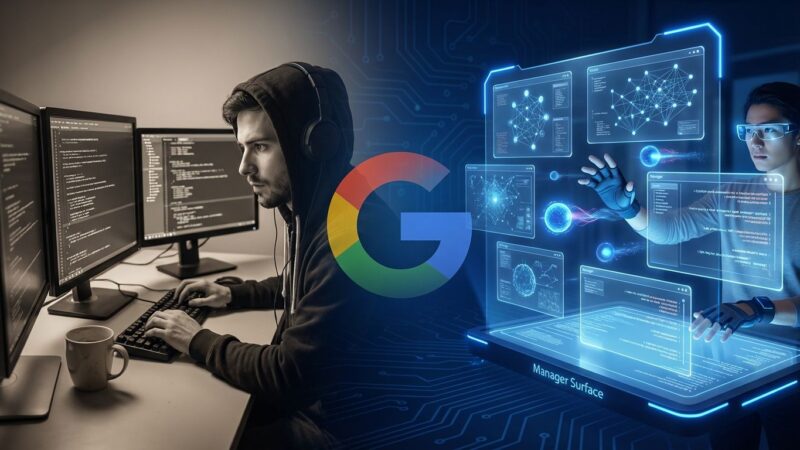 Google Antigravity agentic development platform interface showing Manager Surface with multiple autonomous coding agents represented as glowing blue orbs orchestrating code