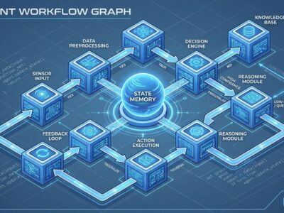 Isometric 3D visualization of LangGraph workflow architecture showing connected nodes, state management, and routing logic
