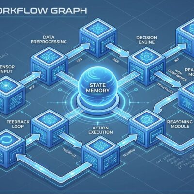 Isometric 3D visualization of LangGraph workflow architecture showing connected nodes, state management, and routing logic