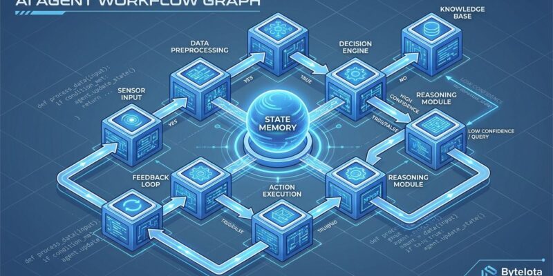 Isometric 3D visualization of LangGraph workflow architecture showing connected nodes, state management, and routing logic