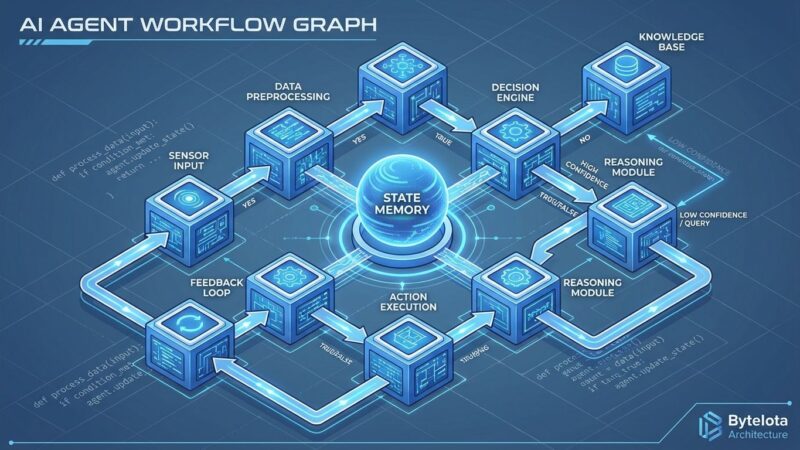 Isometric 3D visualization of LangGraph workflow architecture showing connected nodes, state management, and routing logic