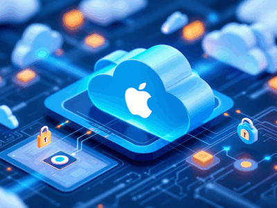 Abstract visualization of Apple Private Cloud Compute secure infrastructure with encrypted data flows and secure enclaves