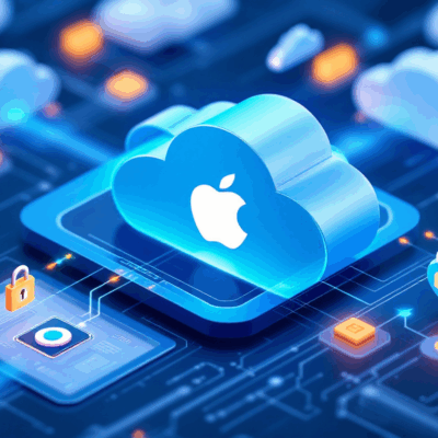 Abstract visualization of Apple Private Cloud Compute secure infrastructure with encrypted data flows and secure enclaves