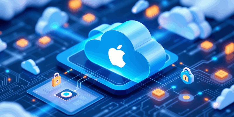 Abstract visualization of Apple Private Cloud Compute secure infrastructure with encrypted data flows and secure enclaves