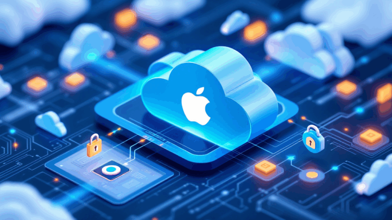 Abstract visualization of Apple Private Cloud Compute secure infrastructure with encrypted data flows and secure enclaves