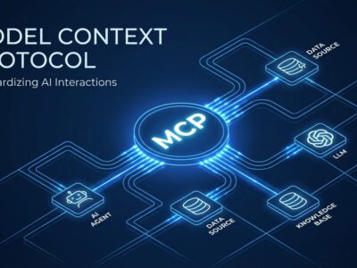 Abstract network diagram showing Model Context Protocol with interconnected AI agents and data sources connected by blue protocol lines