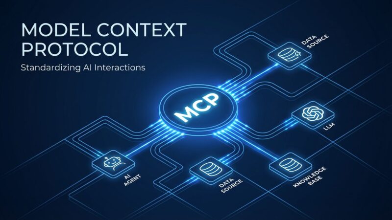 Abstract network diagram showing Model Context Protocol with interconnected AI agents and data sources connected by blue protocol lines