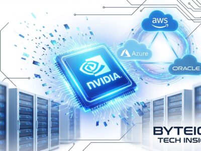Abstract visualization of cloud infrastructure showing AWS, Azure, and Oracle logos connected by data streams with NVIDIA GPU chips, representing OpenAI's 00B multi-cloud strategy