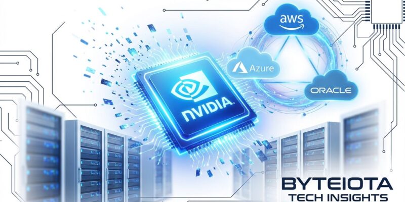 Abstract visualization of cloud infrastructure showing AWS, Azure, and Oracle logos connected by data streams with NVIDIA GPU chips, representing OpenAI's 00B multi-cloud strategy