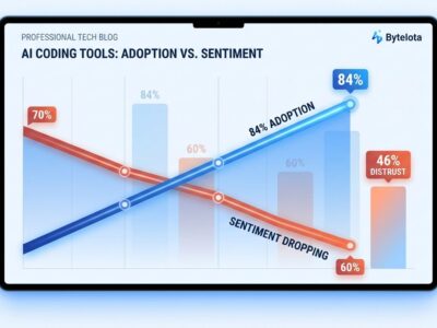 Data visualization showing AI tool adoption rising to 84% while developer sentiment drops to 60%, illustrating the paradox