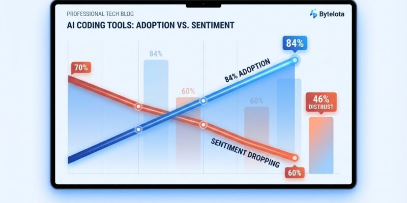 Data visualization showing AI tool adoption rising to 84% while developer sentiment drops to 60%, illustrating the paradox