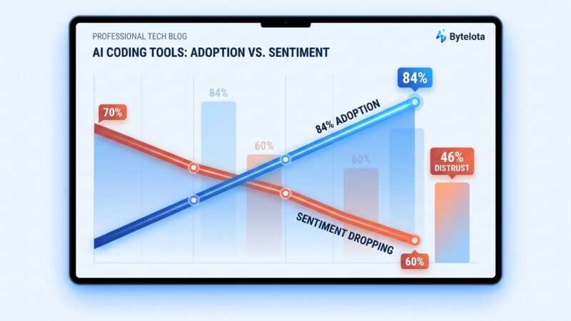 Data visualization showing AI tool adoption rising to 84% while developer sentiment drops to 60%, illustrating the paradox