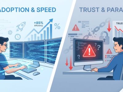 Split-screen illustration showing AI productivity paradox - developer working fast on left, concerned about trust on right
