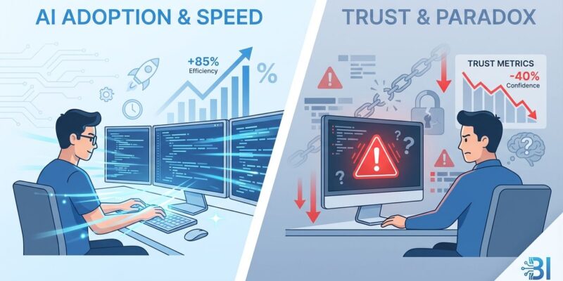 Split-screen illustration showing AI productivity paradox - developer working fast on left, concerned about trust on right