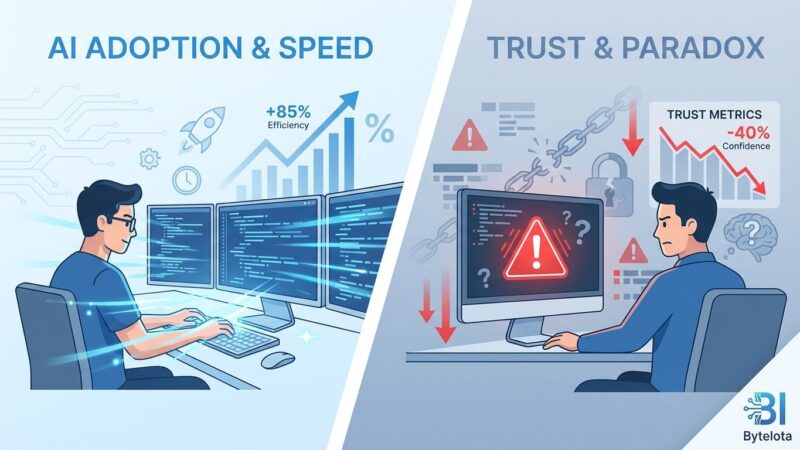 Split-screen illustration showing AI productivity paradox - developer working fast on left, concerned about trust on right