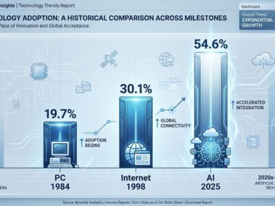 Bar chart comparing technology adoption rates: PC 1984 (19.7%), Internet 1998 (30.1%), and AI 2025 (54.6%), showing AI adoption is 2-3x faster