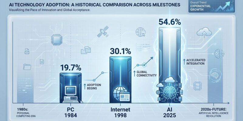 Bar chart comparing technology adoption rates: PC 1984 (19.7%), Internet 1998 (30.1%), and AI 2025 (54.6%), showing AI adoption is 2-3x faster