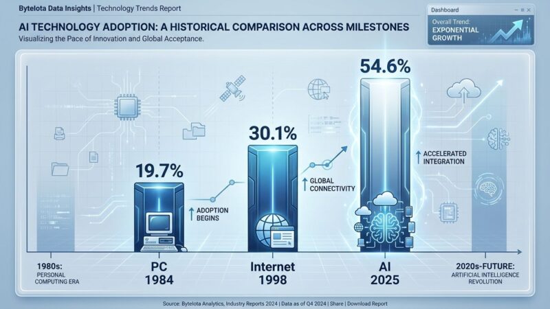 Bar chart comparing technology adoption rates: PC 1984 (19.7%), Internet 1998 (30.1%), and AI 2025 (54.6%), showing AI adoption is 2-3x faster