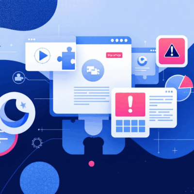 Abstract visualization of Chrome browser extensions and ad blocking with filtering symbols and warning theme