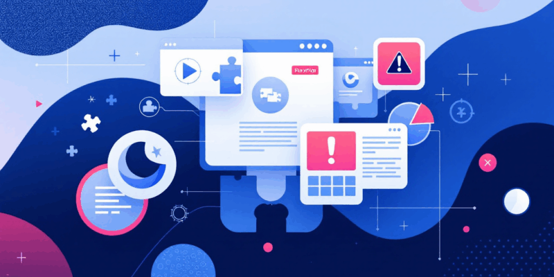 Abstract visualization of Chrome browser extensions and ad blocking with filtering symbols and warning theme