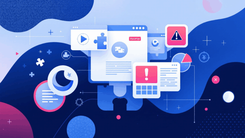 Abstract visualization of Chrome browser extensions and ad blocking with filtering symbols and warning theme