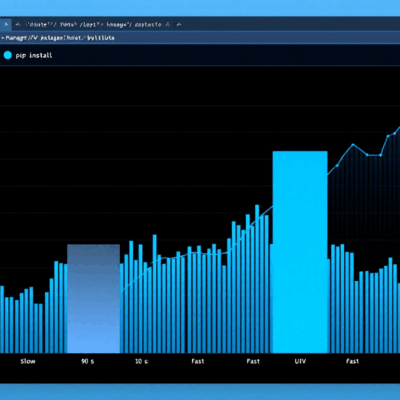 Data visualization dashboard comparing UV and pip package manager installation speeds, showing UV's 10x performance advantage