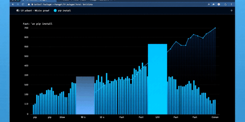 Data visualization dashboard comparing UV and pip package manager installation speeds, showing UV's 10x performance advantage
