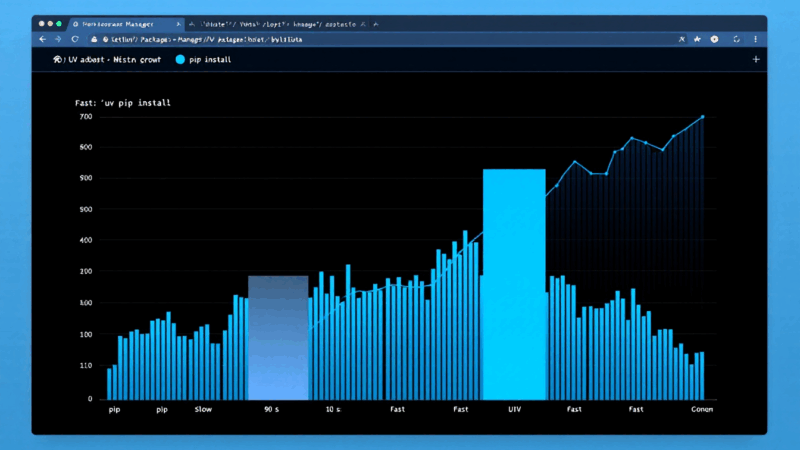 Data visualization dashboard comparing UV and pip package manager installation speeds, showing UV's 10x performance advantage