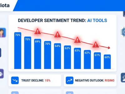 Data visualization dashboard showing developer sentiment decline from 70% to 60%, with trust metrics and AI tool adoption statistics