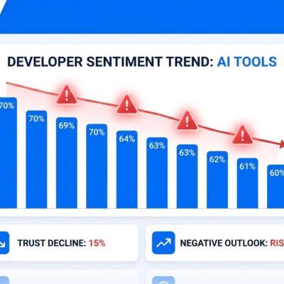 Data visualization dashboard showing developer sentiment decline from 70% to 60%, with trust metrics and AI tool adoption statistics