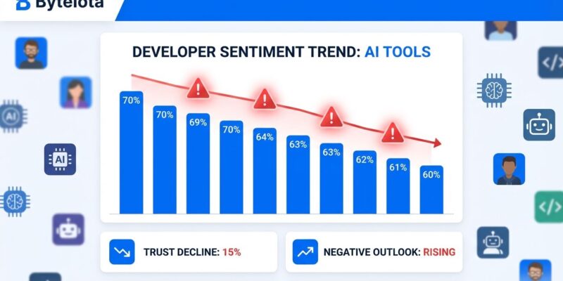 Data visualization dashboard showing developer sentiment decline from 70% to 60%, with trust metrics and AI tool adoption statistics