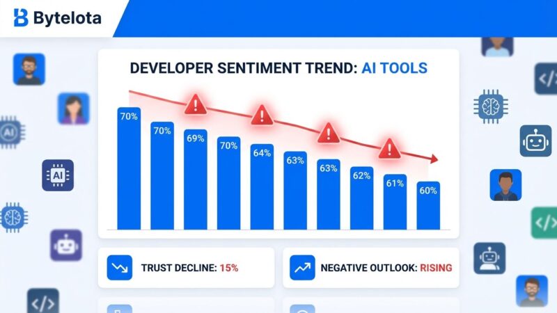 Data visualization dashboard showing developer sentiment decline from 70% to 60%, with trust metrics and AI tool adoption statistics